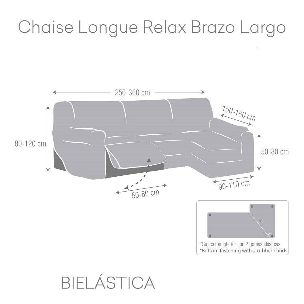Detalle de medidas funda para chaiselongue con módulos abatibles Detalle de medidas funda para chaiselongue con módulos abatibles
